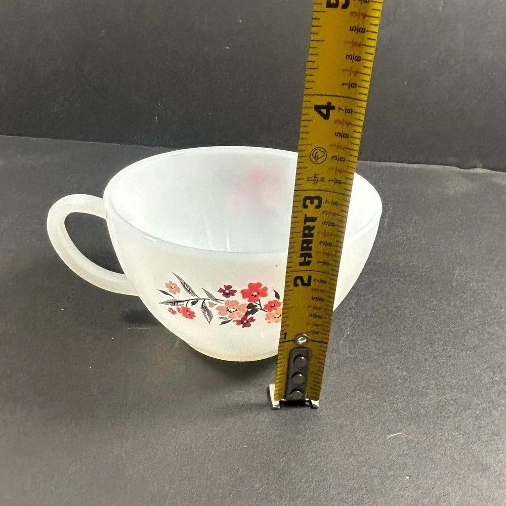Fire-King Cup and Saucer Set White Floral Milk Glass Vintage Mid-Century